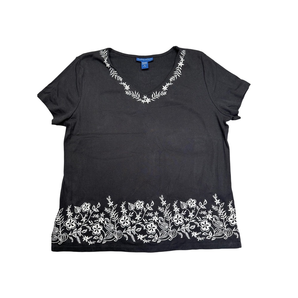❌SOLD❌Karen Scott Floral Embroidered Top Womens XL Black Cotton V-Neck Short